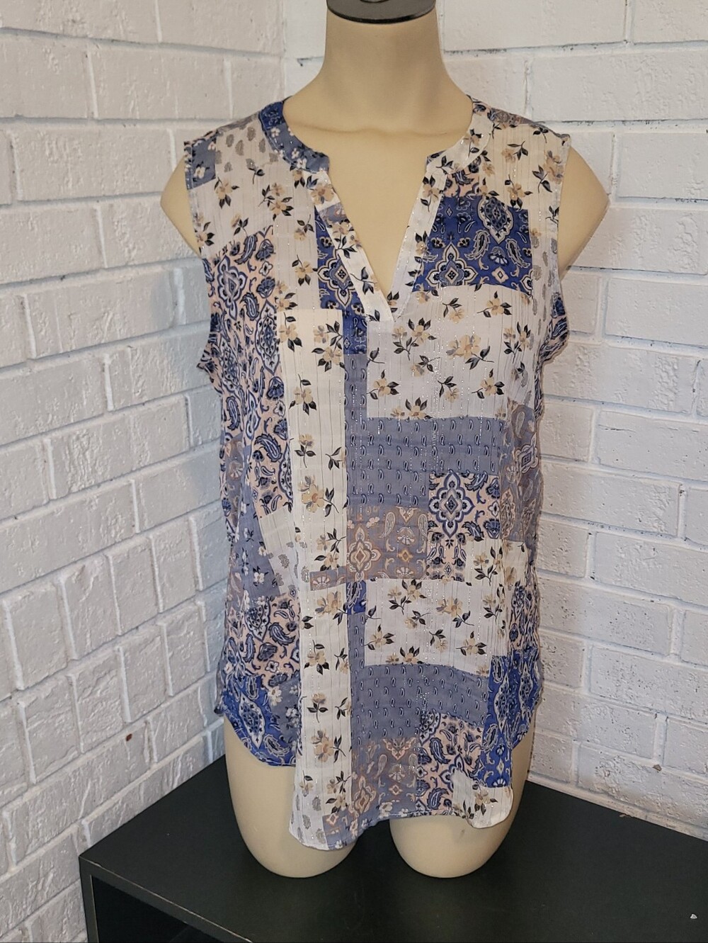 Maurices Boho Mixed Patchwork Sleeveless Blouse - Blue Paisley Floral - Small